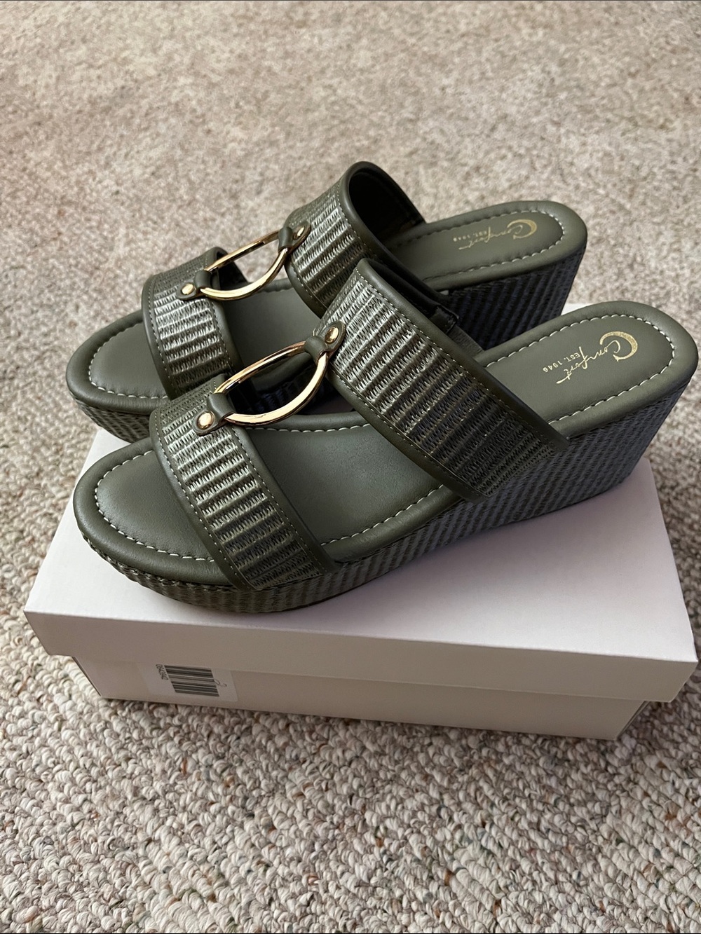 Comfort EST. 1946 Olive Green Wedge Slide Sandals with Gold Ring Accent